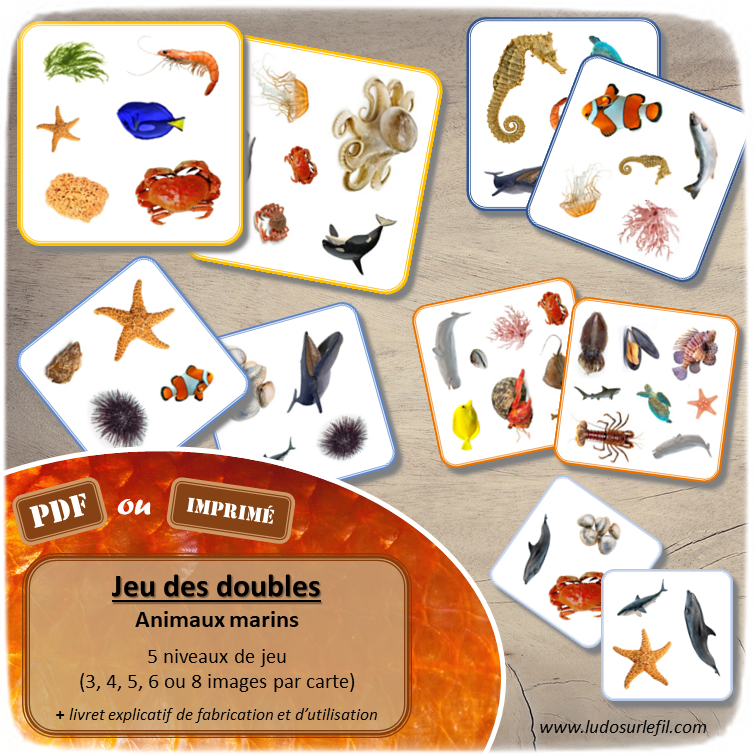 Jeu des doubles - animaux marins - poissons, crustacés, mammifères, coquillages, requins, algues etc... - Mer et océans - 5 niveaux progressifs (3 4 5 6 ou 8 images) - Eté - Dobble - jeu pour travailler la discrimination visuelle, la rapidité l'observation et le lexique / vocabulaire autour des animaux - Document PDF à télécharger et à imprimer ou jeu imprimé - lslf