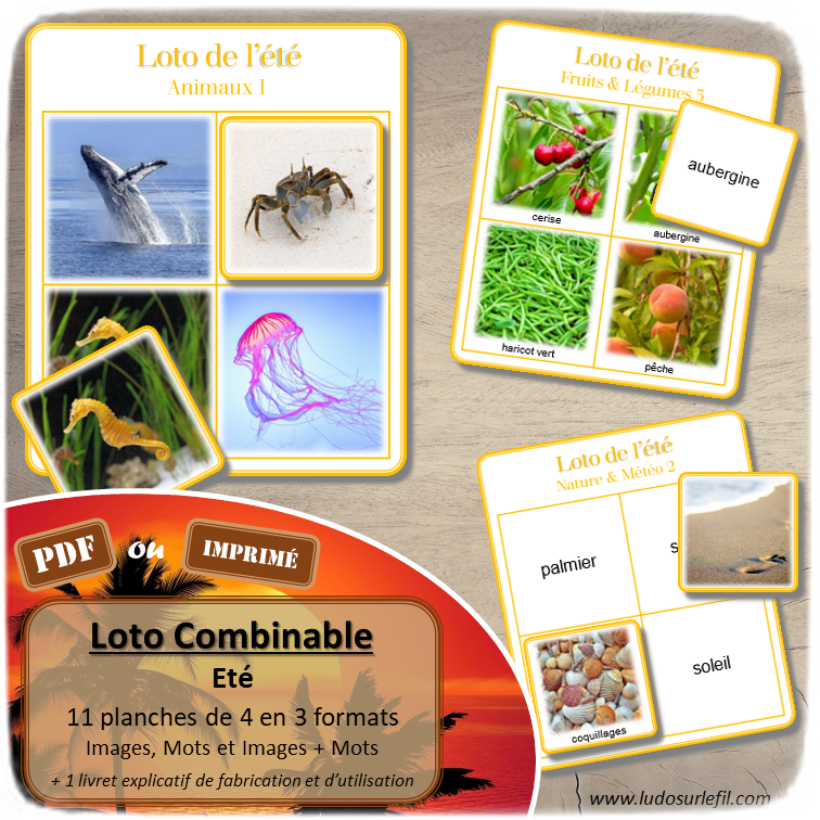 Loto combinable - été - images photos noms et mots - jeu progressif et à combiner - lecture et observation - discrimination visuelle - fruits et légumes, animaux marins, objets, vêtements, météo,, fêtes et événements, éléments symboliques saisons, fête de la musique - PDF à télécharger et à imprimer ou jeu imprimé - Atelier maternelle ou cycle 2 - lexique vocabulaire - lslf