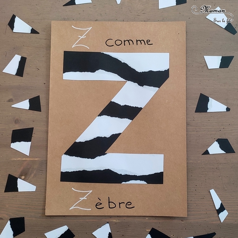 Abécédaire créatif - Z comme Zèbre et Zig-Zag - activité manuelle et créative enfants - Papier déchiré et Collage - Animaux de la savane - Dessin et graphisme type art thérapie, zentangle ou zen art avec des zigs-zags - apprentissage lettres alphabet - maternelle - Alphabets lettres creuses gratuit - créative - Projet Maternelle Cycle 1 - mslf