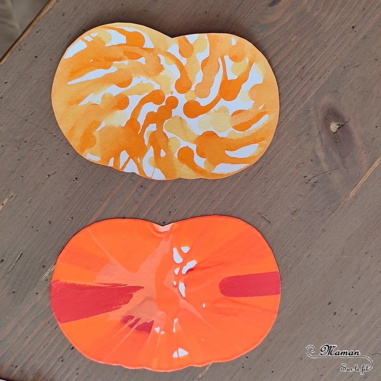 Activité créative et manuelle enfants - Fabriquer des en 5 façons -5 idées citrouilles - Inspiration DIY - Playmaïs, Flocons de maïs, encre et peinture à l'essoreuse à salade, boutons, légumes secs (lentilles corail et pois cassés) - Collage - Bricolage facile pour l'automne - Décoration - Récup' et recyclage sur Papier Kraft - Alimentation, Fruits et légumes - Créativité - arts visuels et atelier maternelle et élémentaire - Cycle 1 ou 2 - mslf