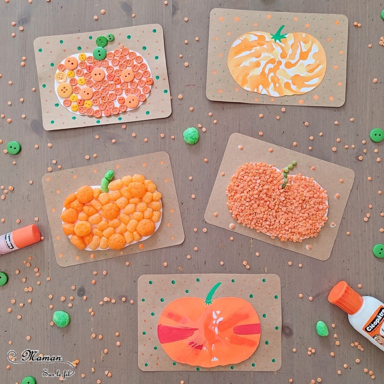 Activité créative et manuelle enfants - Fabriquer des en 5 façons -5 idées citrouilles - Inspiration DIY - Playmaïs, Flocons de maïs, encre et peinture à l'essoreuse à salade, boutons, légumes secs (lentilles corail et pois cassés) - Collage - Bricolage facile pour l'automne - Décoration - Récup' et recyclage sur Papier Kraft - Alimentation, Fruits et légumes - Créativité - arts visuels et atelier maternelle et élémentaire - Cycle 1 ou 2 - mslf