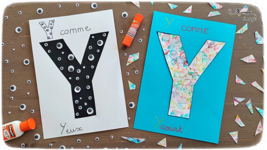 Abécédaire créatif - Y comme Yeux et Yaourt - activité manuelle et créative enfants - Collage yeux mobiles sur feuille noire - Parfait pour Halloween aussi - Peinture bébé comestible avec yaourt et colorant alimentaire - à appliquer au pinceau ou aux doigts et mains - Sensoriel - apprentissage lettres alphabet - maternelle - Alphabets lettres creuses gratuit - créative - Projet Maternelle Cycle 1 - mslf