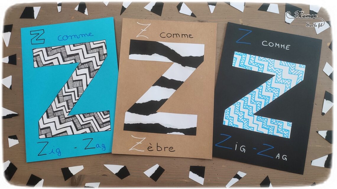 Abécédaire créatif - Z comme Zèbre et Zig-Zag - activité manuelle et créative enfants - Papier déchiré et Collage - Animaux de la savane - Dessin et graphisme type art thérapie, zentangle ou zen art avec des zigs-zags - apprentissage lettres alphabet - maternelle - Alphabets lettres creuses gratuit - créative - Projet Maternelle Cycle 1 - mslf