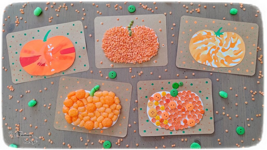 Activité créative et manuelle enfants - Fabriquer des en 5 façons -5 idées citrouilles - Inspiration DIY - Playmaïs, Flocons de maïs, encre et peinture à l'essoreuse à salade, boutons, légumes secs (lentilles corail et pois cassés) - Collage - Bricolage facile pour l'automne - Décoration - Récup' et recyclage sur Papier Kraft - Alimentation, Fruits et légumes - Créativité - arts visuels et atelier maternelle et élémentaire - Cycle 1 ou 2 - mslf