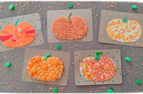 Activité créative et manuelle enfants - Fabriquer des en 5 façons -5 idées citrouilles - Inspiration DIY - Playmaïs, Flocons de maïs, encre et peinture à l'essoreuse à salade, boutons, légumes secs (lentilles corail et pois cassés) - Collage - Bricolage facile pour l'automne - Décoration - Récup' et recyclage sur Papier Kraft - Alimentation, Fruits et légumes - Créativité - arts visuels et atelier maternelle et élémentaire - Cycle 1 ou 2 - mslf