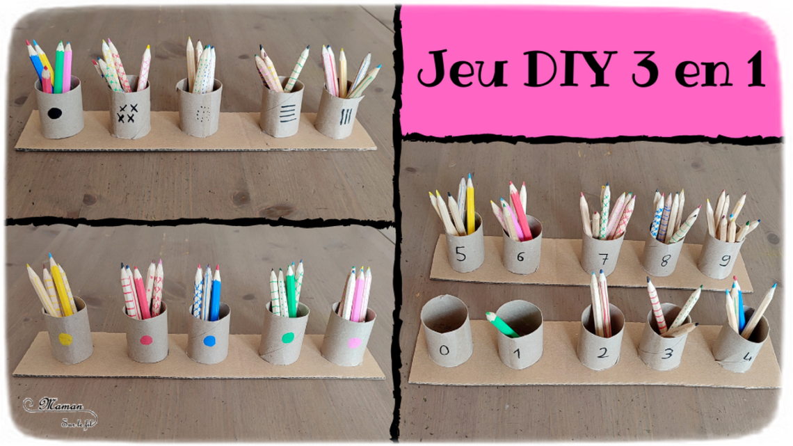 Jeu DIY 3 en 1 en récup' - Thème école, rentrée et crayons de couleurs - Activité créative et manuelle enfants - Fuseaux Montessori revisités pour dénombrement de 0 à 9, tri et classement par couleurs et motifs - Recyclage de carton et de rouleaux de papier toilette - Jeu pédagogique et éducatif - Créativité - arts visuels et atelier maternelle - Cycle 1 - Atelier autonome et autocorrectif - mslf