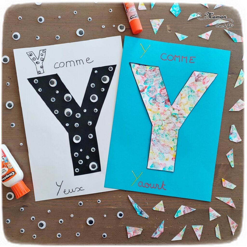 Abécédaire créatif - Y comme Yeux et Yaourt - activité manuelle et créative enfants - Collage yeux mobiles sur feuille noire - Parfait pour Halloween aussi - Peinture bébé comestible avec yaourt et colorant alimentaire - à appliquer au pinceau ou aux doigts et mains - Sensoriel - apprentissage lettres alphabet - maternelle - Alphabets lettres creuses gratuit - créative - Projet Maternelle Cycle 1 - mslf