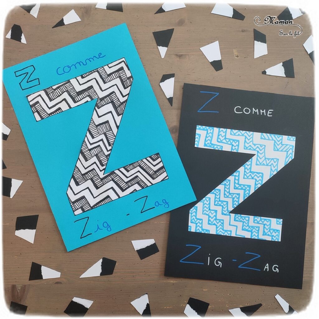 Abécédaire créatif - Z comme Zèbre et Zig-Zag - activité manuelle et créative enfants - Papier déchiré et Collage - Animaux de la savane - Dessin et graphisme type art thérapie, zentangle ou zen art avec des zigs-zags - apprentissage lettres alphabet - maternelle - Alphabets lettres creuses gratuit - créative - Projet Maternelle Cycle 1 - mslf