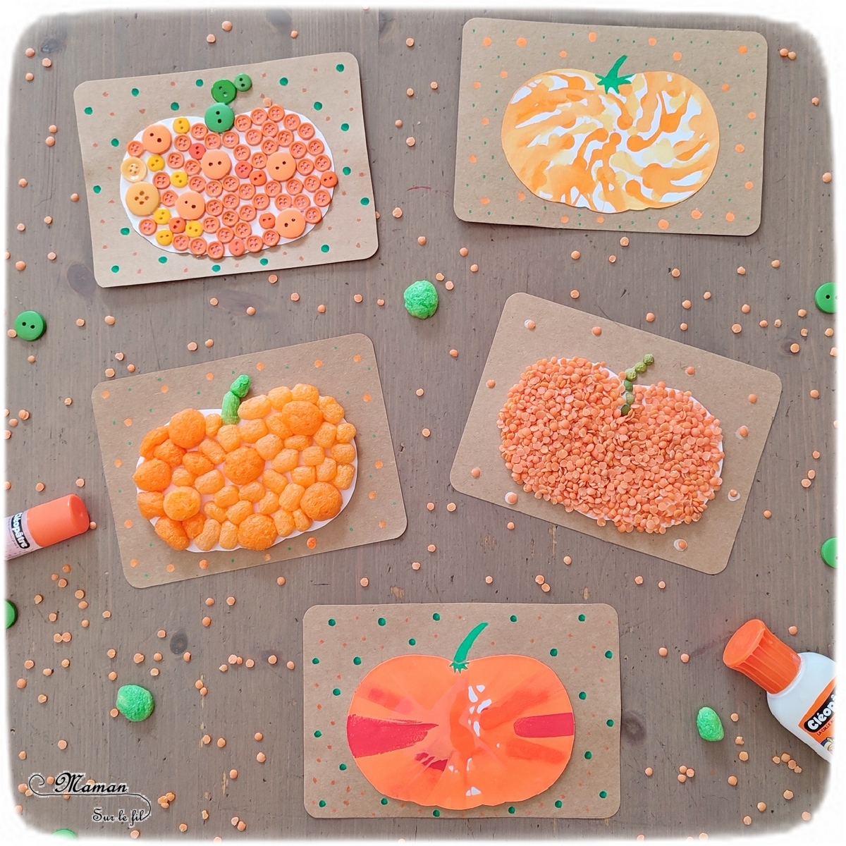 Activité créative et manuelle enfants - Fabriquer des en 5 façons -5 idées citrouilles - Inspiration DIY - Playmaïs, Flocons de maïs, encre et peinture à l'essoreuse à salade, boutons, légumes secs (lentilles corail et pois cassés) - Collage - Bricolage facile pour l'automne - Décoration - Récup' et recyclage sur Papier Kraft - Alimentation, Fruits et légumes - Créativité - arts visuels et atelier maternelle et élémentaire - Cycle 1 ou 2 - mslf