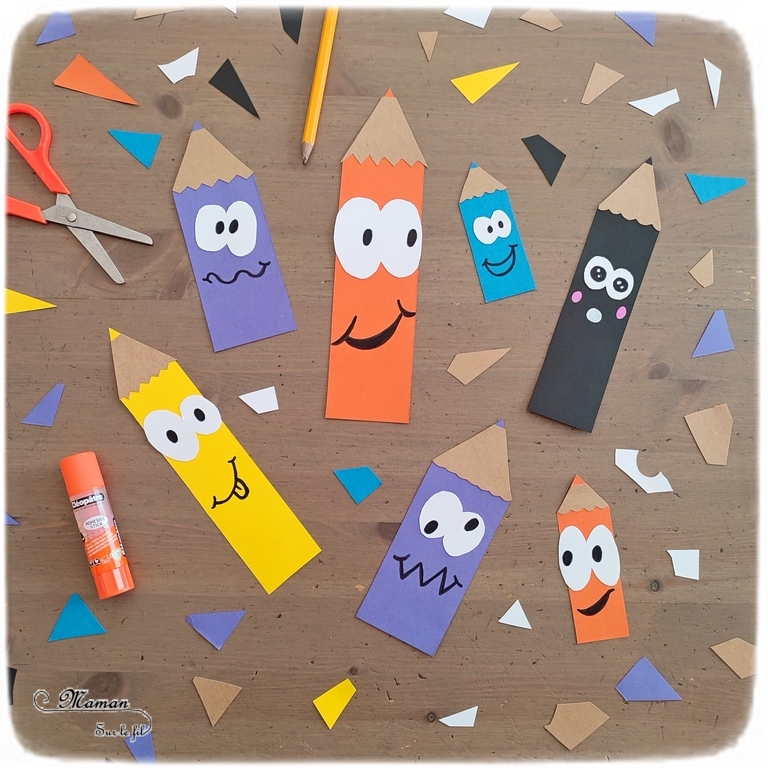 Activité créative et manuelle enfants - Marque-Pages Crayons de couleur - Découpage et collage de chutes de papier - Récup' et recyclage - Pour souhaiter une bonne rentrée scolaire - Dessin visages rigolos - Bricolage de rentrée - Ecole - Créativité - arts visuels et atelier maternelle et élémentaire - Cycle 1 ou 2 - mslf