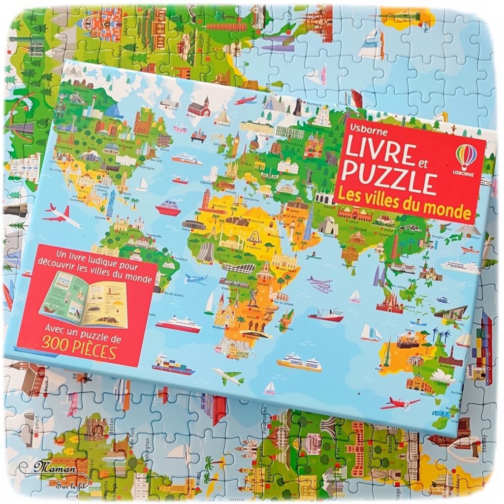 Coffret Livre et Puzzle - Les villes du monde chez Usborne - Puzzle de 300 pièces avec carte du monde, villes et monuments importants - Modèle - Livret documentaire avec explications et anecdotes sur continents et villes du monde - Apprendre et découvrir la géographie autrement, en s'amusant - test et avis - Elémentaire cycle 2 et 3 - mslf