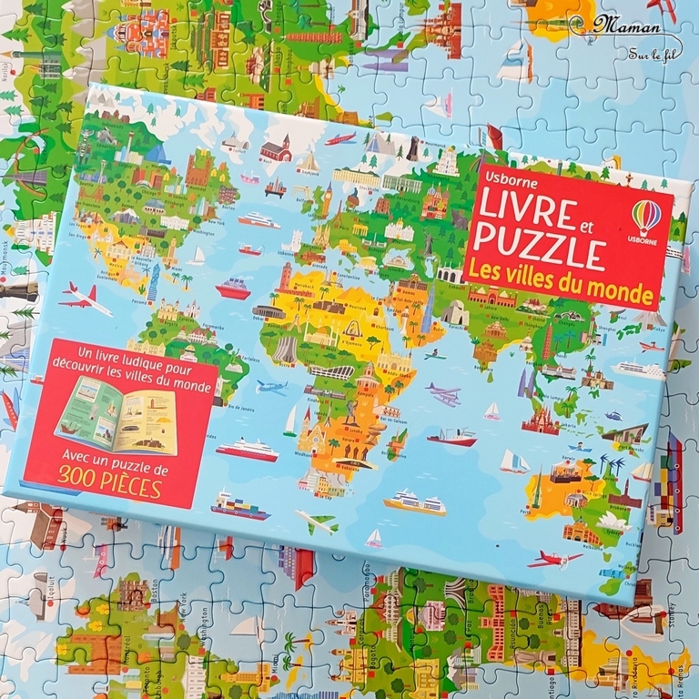 Coffret Livre et Puzzle - Les villes du monde chez Usborne - Puzzle de 300 pièces avec carte du monde, villes et monuments importants - Modèle - Livret documentaire avec explications et anecdotes sur continents et villes du monde - Apprendre et découvrir la géographie autrement, en s'amusant - test et avis - Elémentaire cycle 2 et 3 - mslf