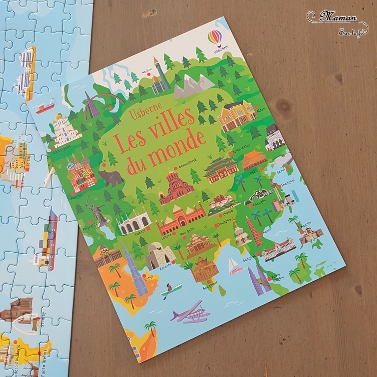 Coffret Livre et Puzzle - Les villes du monde chez Usborne - Puzzle de 300 pièces avec carte du monde, villes et monuments importants - Modèle - Livret documentaire avec explications et anecdotes sur continents et villes du monde - Apprendre et découvrir la géographie autrement, en s'amusant - test et avis - Elémentaire cycle 2 et 3 - mslf