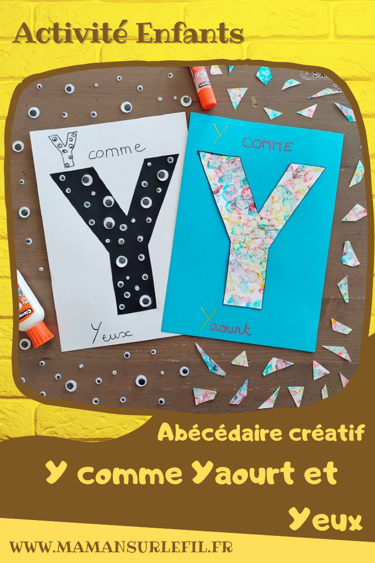 Abécédaire créatif - Y comme Yeux et Yaourt - activité manuelle et créative enfants - Collage yeux mobiles sur feuille noire - Parfait pour Halloween aussi - Peinture bébé comestible avec yaourt et colorant alimentaire - à appliquer au pinceau ou aux doigts et mains - Sensoriel - apprentissage lettres alphabet - maternelle - Alphabets lettres creuses gratuit - créative - Projet Maternelle Cycle 1 - mslf