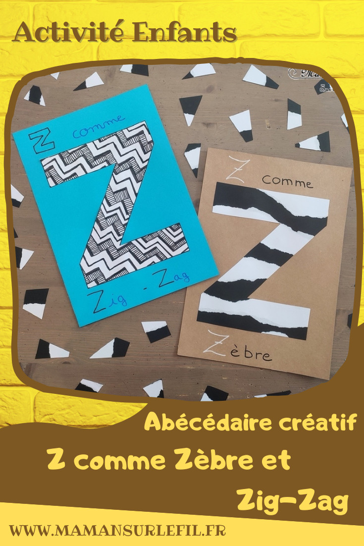 Abécédaire créatif - Z comme Zèbre et Zig-Zag - activité manuelle et créative enfants - Papier déchiré et Collage - Animaux de la savane - Dessin et graphisme type art thérapie, zentangle ou zen art avec des zigs-zags - apprentissage lettres alphabet - maternelle - Alphabets lettres creuses gratuit - créative - Projet Maternelle Cycle 1 - mslf