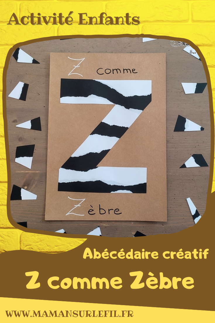 Abécédaire créatif - Z comme Zèbre et Zig-Zag - activité manuelle et créative enfants - Papier déchiré et Collage - Animaux de la savane - Dessin et graphisme type art thérapie, zentangle ou zen art avec des zigs-zags - apprentissage lettres alphabet - maternelle - Alphabets lettres creuses gratuit - créative - Projet Maternelle Cycle 1 - mslf