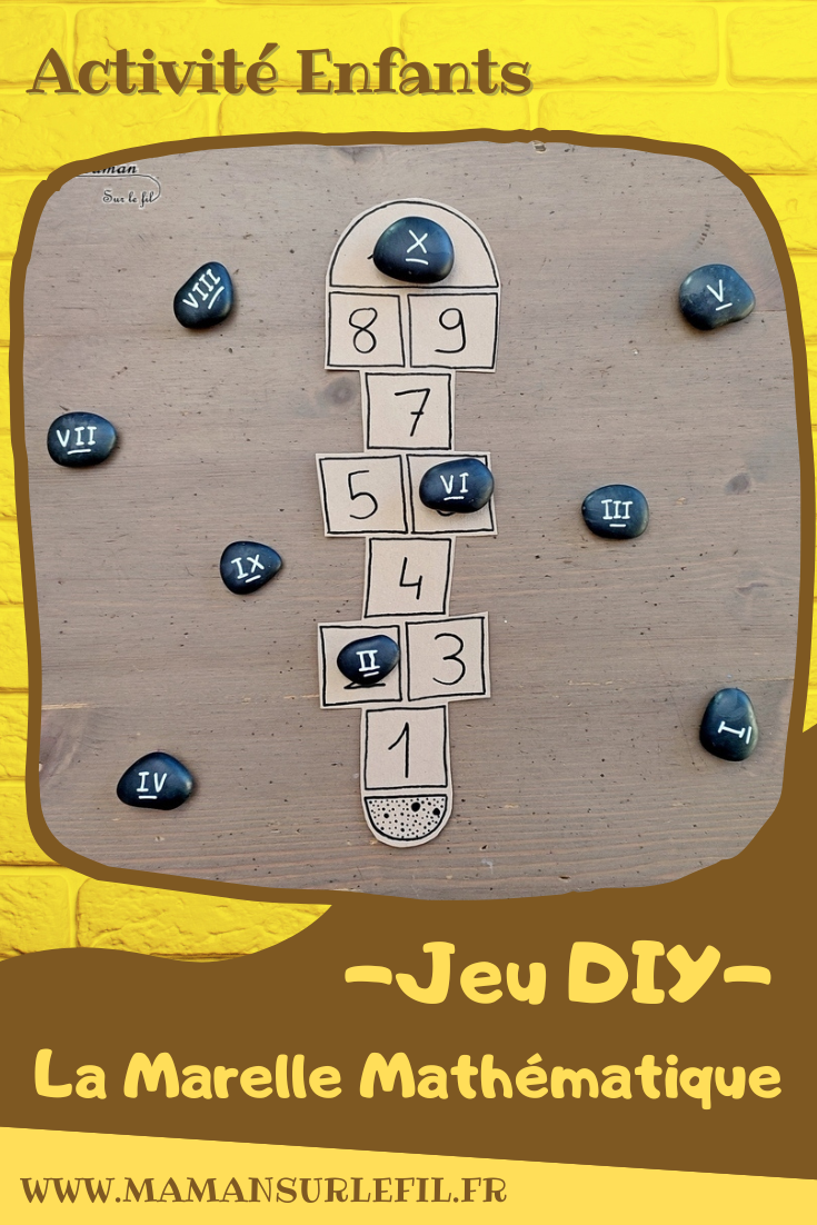 Jeu DIY 2 en 1 en récup' : La marelle mathématique - Thème école, rentrée et marelle- Activité créative et manuelle enfants - Dénombrement de 0 à 10 avec des galets d'un côté et chiffres romains de l'autre - Recyclage de carton - Jeu pédagogique et éducatif - Créativité - arts visuels et atelier maternelle - Cycle 1 ou 2 , Elémentaire - Atelier autonome - mslf