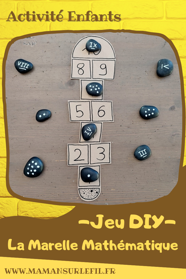 Jeu DIY 2 en 1 en récup' - Thème école, rentrée et marelle - Activité créative et manuelle enfants - Dénombrement de 0 à 10 avec des galets d'un côté et chiffres romains de l'autre - Recyclage de carton - Jeu pédagogique et éducatif - Créativité - arts visuels et atelier maternelle - Cycle 1 ou 2 , Elémentaire - Atelier autonome - mslf