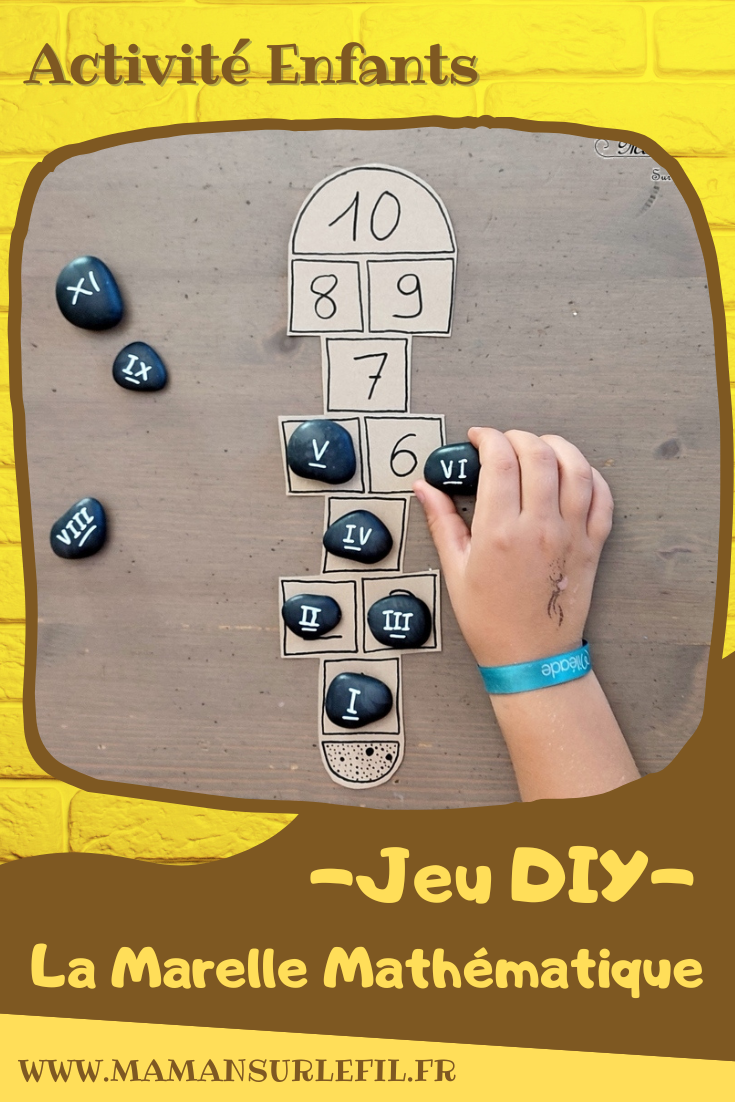 Jeu DIY 2 en 1 en récup' - Thème école, rentrée et marelle - Activité créative et manuelle enfants - Dénombrement de 0 à 10 avec des galets d'un côté et chiffres romains de l'autre - Recyclage de carton - Jeu pédagogique et éducatif - Créativité - arts visuels et atelier maternelle - Cycle 1 ou 2 , Elémentaire - Atelier autonome - mslf