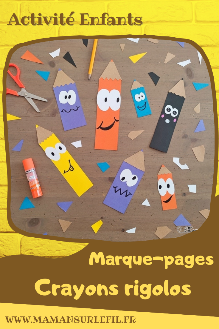 Activité créative et manuelle enfants - Marque-Pages Crayons de couleur - Découpage et collage de chutes de papier - Récup' et recyclage - Pour souhaiter une bonne rentrée scolaire - Dessin visages rigolos - Bricolage de rentrée - Ecole - Créativité - arts visuels et atelier maternelle et élémentaire - Cycle 1 ou 2 - mslf