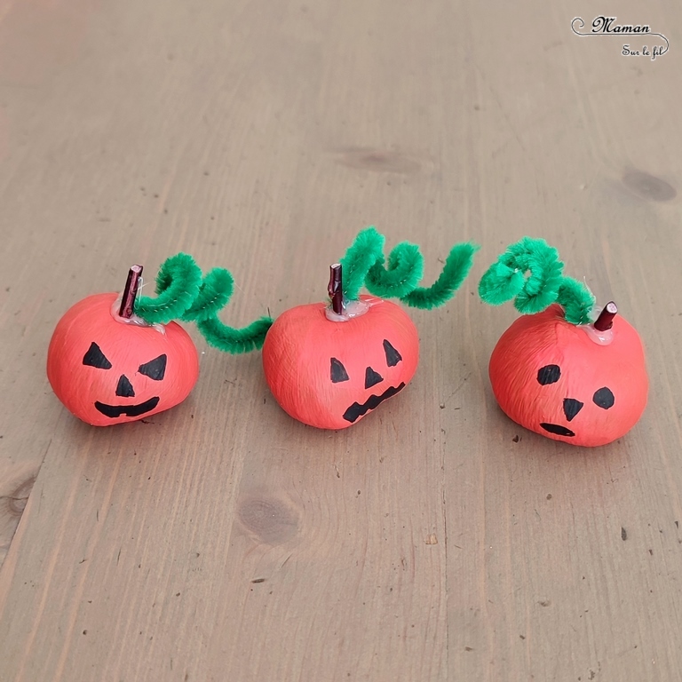 Activité créative et manuelle enfants - Nos marrons Halloween - Fabriquer des citrouilles d'Halloween et des araignées avec des marrons - Nature et Land Art - Bricolage facile pour l'automne et Halloween - Décoration - Récup' et recyclage - Alimentation, Fruits et légumes, animaux et insectes - Créativité - arts visuels et atelier maternelle et élémentaire - Cycle 1 ou 2 - Peinture et fils chenille - mslf