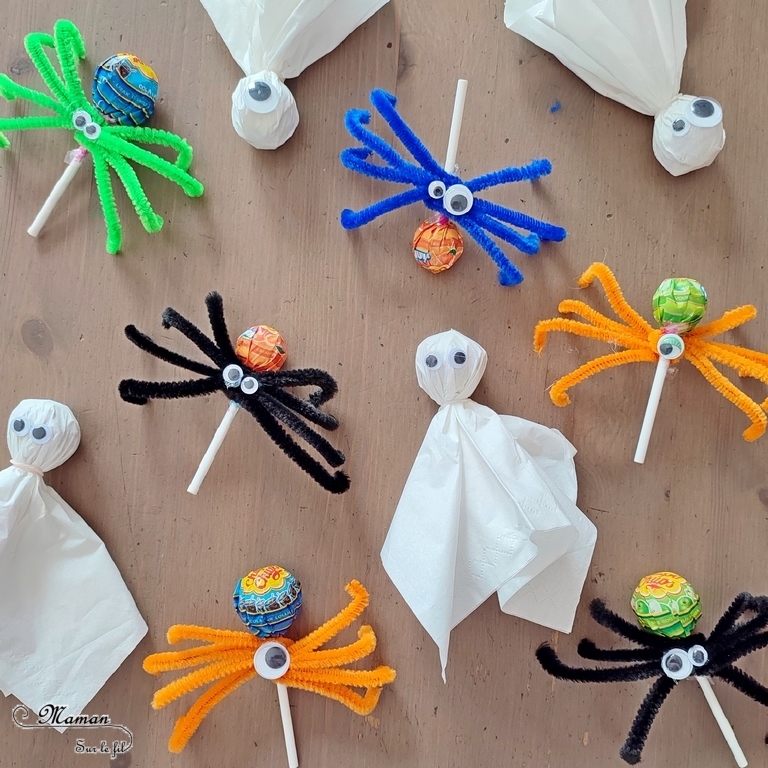 Activité créative et manuelle enfants - Nos sucettes Halloween - Fabriquer des araignées et des fantômes avec des sucettes - Bonbons, gourmandises pour chasses aux bonbons d'Halloween - Mouchoirs, yeux mobiles, fils chenille - Cadeaux pour anniversaire - Bricolage facile Halloween - Décoration - Récup' et recyclage - Animaux et créatures légendaires, monstres, insectes - Créativité - arts visuels et atelier maternelle et élémentaire - Cycle 1 ou 2 - mslf