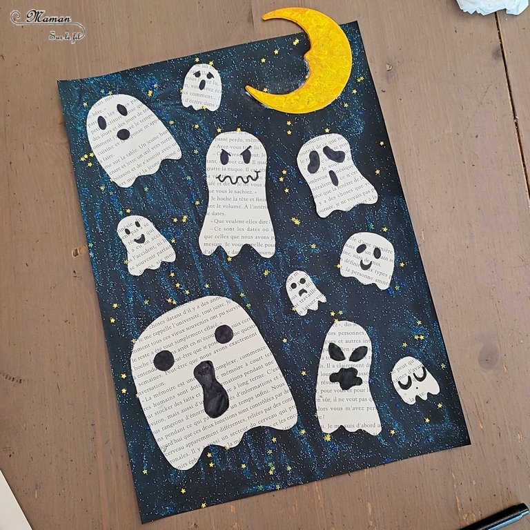 Activité créative et manuelle enfants - Petits fantômes découpés dans une page de livre - Lune jaune orange, paillettes pour les étoiles dans la nuit - Découpage, collage, dessin - Peur et décoration pour Halloween - Créativité - arts visuels et atelier maternelle et élémentaire - Cycle 1, 2 ou 3 - mslf