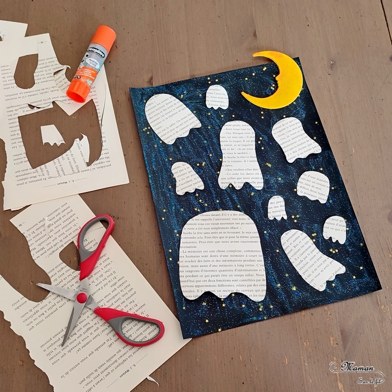 Activité créative et manuelle enfants - Petits fantômes découpés dans une page de livre - Lune jaune orange, paillettes pour les étoiles dans la nuit - Découpage, collage, dessin - Peur et décoration pour Halloween - Créativité - arts visuels et atelier maternelle et élémentaire - Cycle 1, 2 ou 3 - mslf