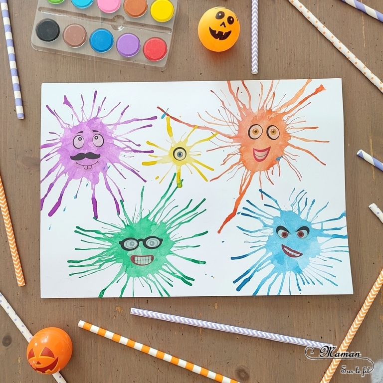 Activité créative et manuelle enfants - Petits monstres mignons et rigolos en peinture soufflée à la paille - Technique avec peinture ou encre - Travail du souffle - Gommettes visage - Peur et décoration pour Halloween - Créativité - arts visuels et atelier maternelle et élémentaire - Cycle 1, 2 ou 3 - mslf