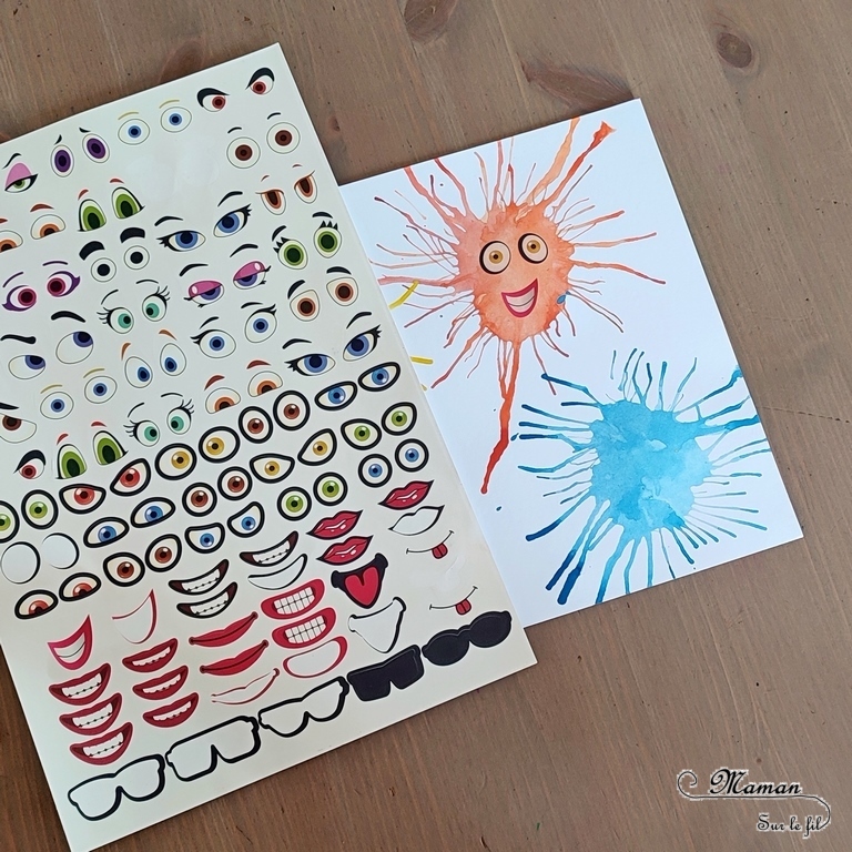 Activité créative et manuelle enfants - Petits monstres mignons et rigolos en peinture soufflée à la paille - Technique avec peinture ou encre - Travail du souffle - Gommettes visage - Peur et décoration pour Halloween - Créativité - arts visuels et atelier maternelle et élémentaire - Cycle 1, 2 ou 3 - mslf