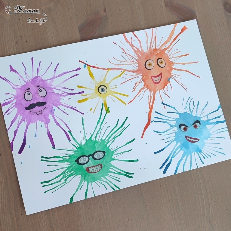 Activité créative et manuelle enfants - Petits monstres mignons et rigolos en peinture soufflée à la paille - Technique avec peinture ou encre - Travail du souffle - Gommettes visage - Peur et décoration pour Halloween - Créativité - arts visuels et atelier maternelle et élémentaire - Cycle 1, 2 ou 3 - mslf