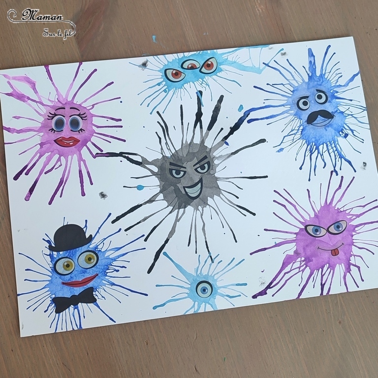 Activité créative et manuelle enfants - Petits monstres mignons et rigolos en peinture soufflée à la paille - Technique avec peinture ou encre - Travail du souffle - Gommettes visage - Peur et décoration pour Halloween - Créativité - arts visuels et atelier maternelle et élémentaire - Cycle 1, 2 ou 3 - mslf