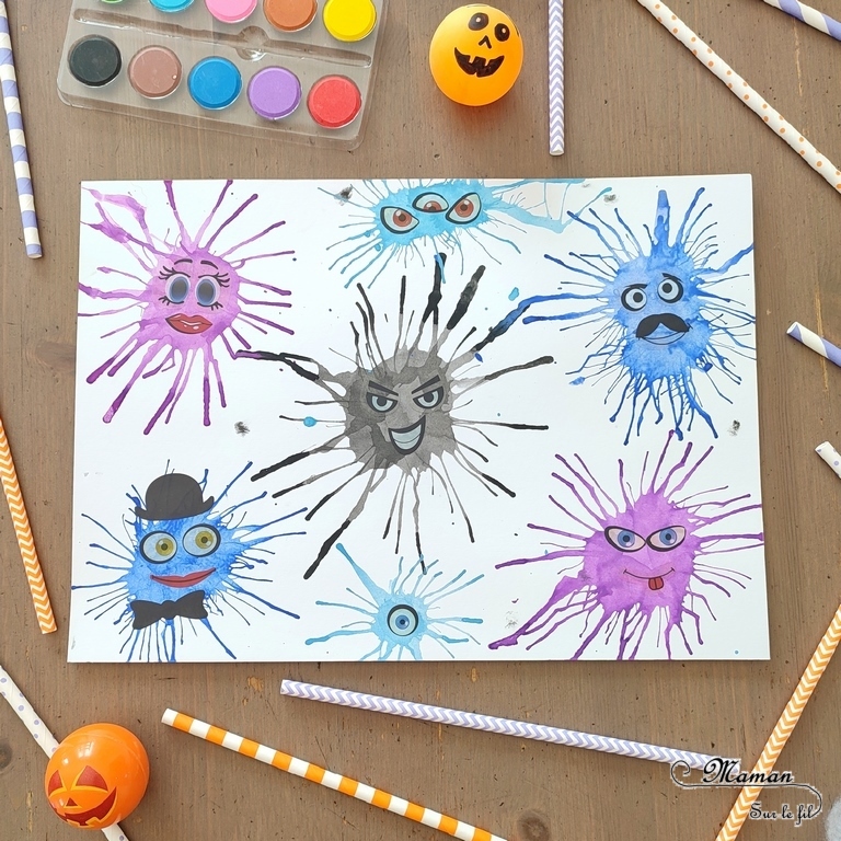 Activité créative et manuelle enfants - Petits monstres mignons et rigolos en peinture soufflée à la paille - Technique avec peinture ou encre - Travail du souffle - Gommettes visage - Peur et décoration pour Halloween - Créativité - arts visuels et atelier maternelle et élémentaire - Cycle 1, 2 ou 3 - mslf