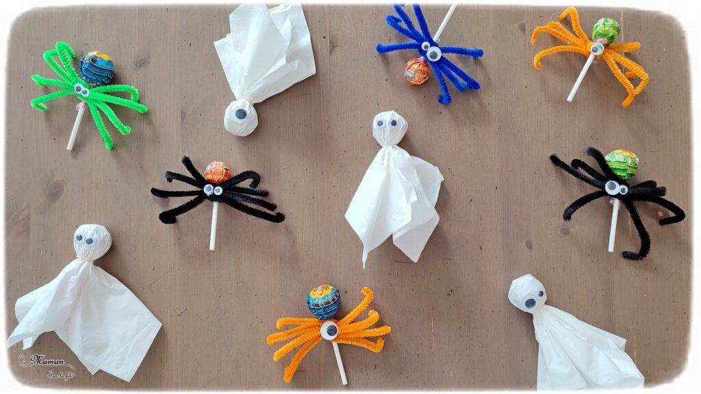 Activité créative et manuelle enfants - Nos sucettes Halloween - Fabriquer des araignées et des fantômes avec des sucettes - Bonbons, gourmandises pour chasses aux bonbons d'Halloween - Mouchoirs, yeux mobiles, fils chenille - Cadeaux pour anniversaire - Bricolage facile Halloween - Décoration - Récup' et recyclage - Animaux et créatures légendaires, monstres, insectes - Créativité - arts visuels et atelier maternelle et élémentaire - Cycle 1 ou 2 - mslf