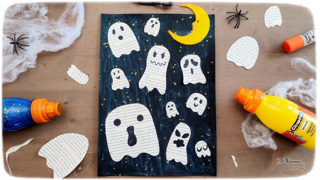 Activité créative et manuelle enfants - Petits fantômes découpés dans une page de livre - Lune jaune orange, paillettes pour les étoiles dans la nuit - Découpage, collage, dessin - Peur et décoration pour Halloween - Créativité - arts visuels et atelier maternelle et élémentaire - Cycle 1, 2 ou 3 - mslf