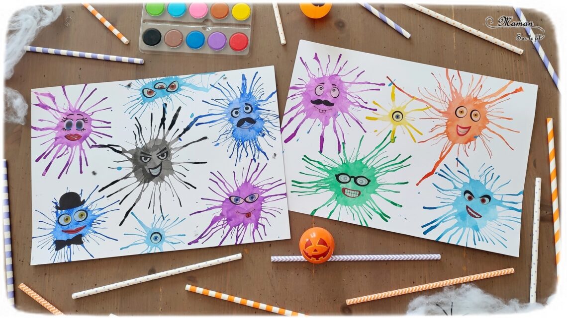 Activité créative et manuelle enfants - Petits monstres mignons et rigolos en peinture soufflée à la paille - Technique avec peinture ou encre - Travail du souffle - Gommettes visage - Peur et décoration pour Halloween - Créativité - arts visuels et atelier maternelle et élémentaire - Cycle 1, 2 ou 3 - mslf