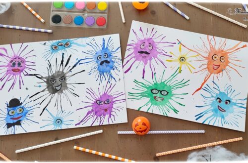 Activité créative et manuelle enfants - Petits monstres mignons et rigolos en peinture soufflée à la paille - Technique avec peinture ou encre - Travail du souffle - Gommettes visage - Peur et décoration pour Halloween - Créativité - arts visuels et atelier maternelle et élémentaire - Cycle 1, 2 ou 3 - mslf