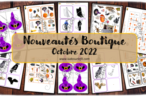 Nouveautés octobre 2022 - Boutique en ligne Ludo sur le fil - fichiers jeux pdf à télécharger et imprimer ou jeux imprimés envoyés à domicile - Halloween, Chapeaux de sorcière, citrouilles, bonbons, monstres, peur - Jeu des ombres, de la loupe, cherche et trouve, jeu des doubles type Dooble, association graphies, parcours codés, jeux, activités - atelier autocorrectif multi niveaux donc progressif - Vocabulaire, lexique - Maternelle Cycle 2 - Autonomie - mslf