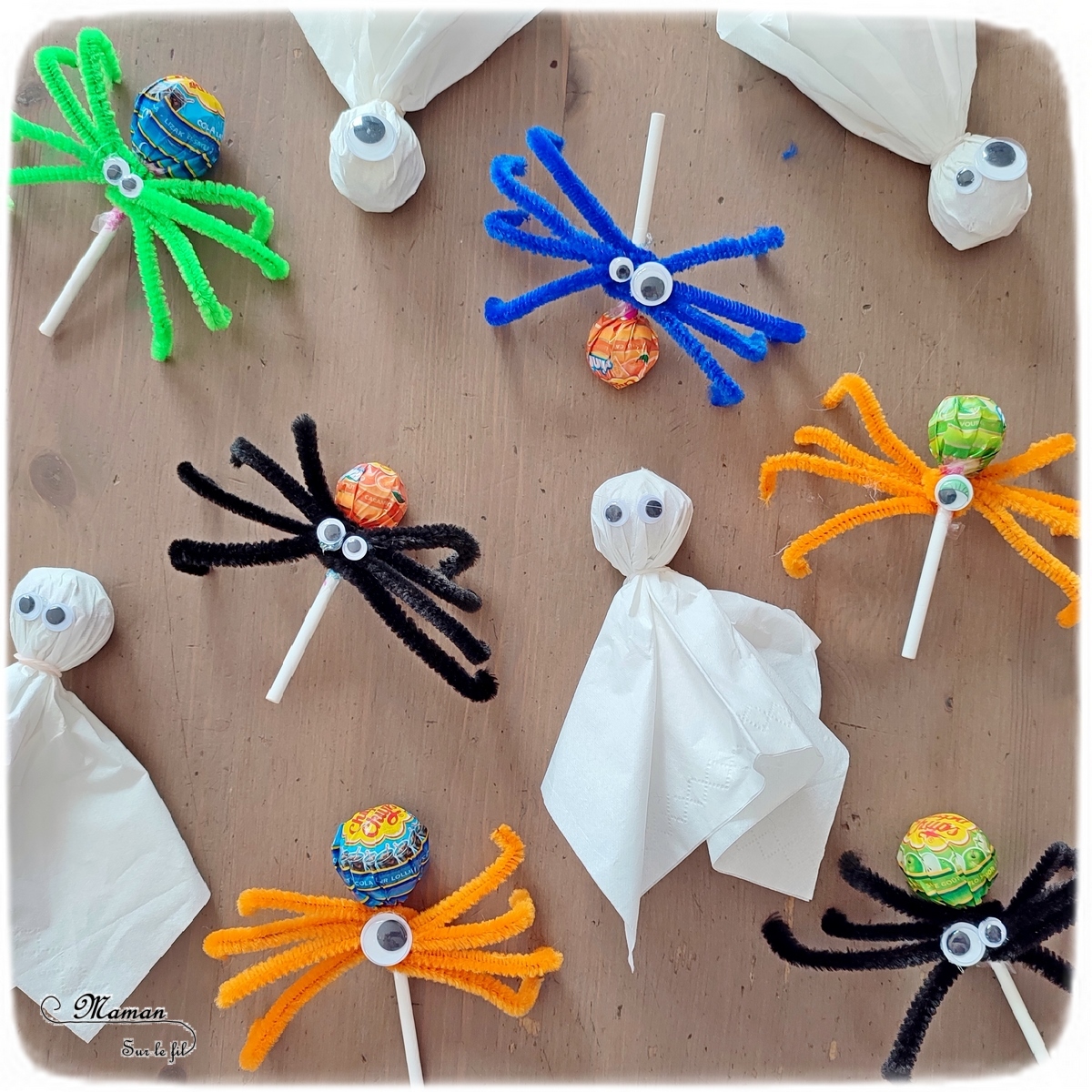 Activité créative et manuelle enfants - Nos sucettes Halloween - Fabriquer des araignées et des fantômes avec des sucettes - Bonbons, gourmandises pour chasses aux bonbons d'Halloween - Mouchoirs, yeux mobiles, fils chenille - Cadeaux pour anniversaire - Bricolage facile Halloween - Décoration - Récup' et recyclage - Animaux et créatures légendaires, monstres, insectes - Créativité - arts visuels et atelier maternelle et élémentaire - Cycle 1 ou 2 - mslf