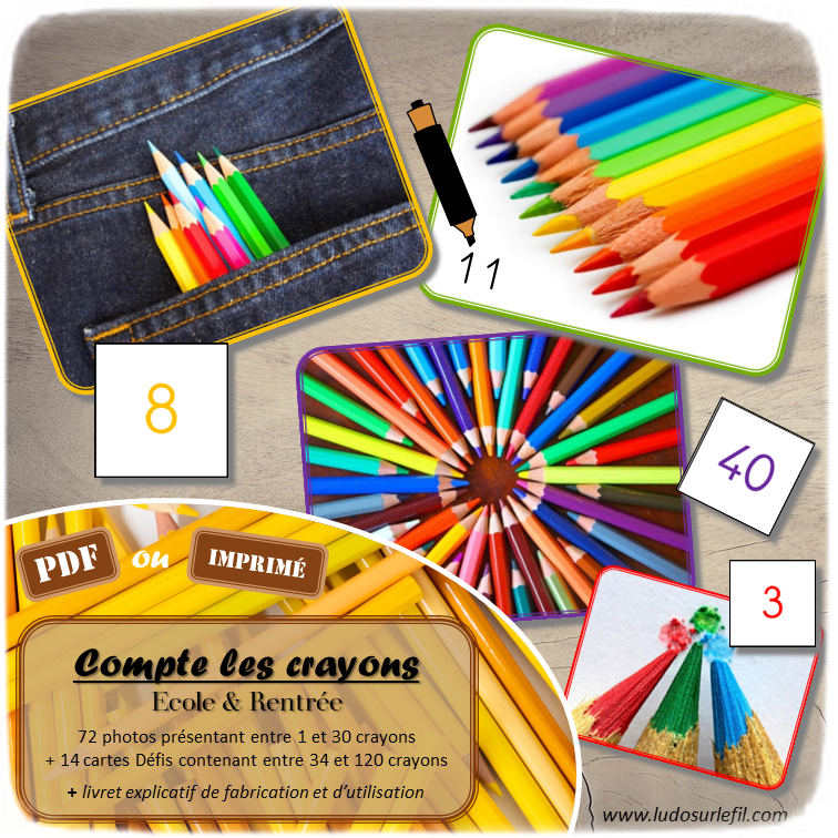 Jeu Compte les crayons - Pour la rentrée scolaire ou un thème sur l'école - Jeu de dénombrement de 1 à 30 crayons puis de 34 à 120 crayons (mode défis) - 86 photos et 86 cartes Chiffres à associer - Document pédagogique PDF à télécharger et à imprimer ou jeu imprimé - Notion dizaines unités - Plus grand ou petit que - Additions - Plusieurs utilisations possibles - Discrimination visuelle, organisation et observation - atelier autonome maternelle et cycle 2 - Autocorrection - lslf