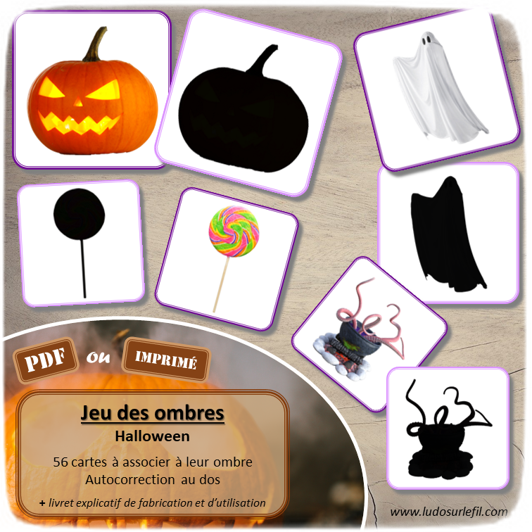 Jeu des ombres - Halloween - Citrouilles, bonbons, animaux, créatures effrayantes... - Vocabulaire, lexique - cartes à associer aux ombres - document PDF à télécharger et à imprimer ou jeu imprimé - atelier autocorrectif et autonome maternelle - lslf