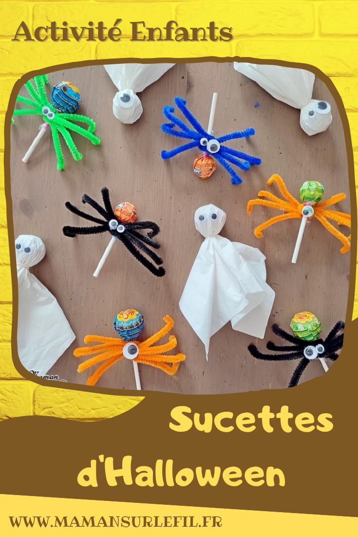 Activité créative et manuelle enfants - Nos sucettes Halloween - Fabriquer des araignées et des fantômes avec des sucettes - Bonbons, gourmandises pour chasses aux bonbons d'Halloween - Mouchoirs, yeux mobiles, fils chenille - Cadeaux pour anniversaire - Bricolage facile Halloween - Décoration - Récup' et recyclage - Animaux et créatures légendaires, monstres, insectes - Créativité - arts visuels et atelier maternelle et élémentaire - Cycle 1 ou 2 - mslf