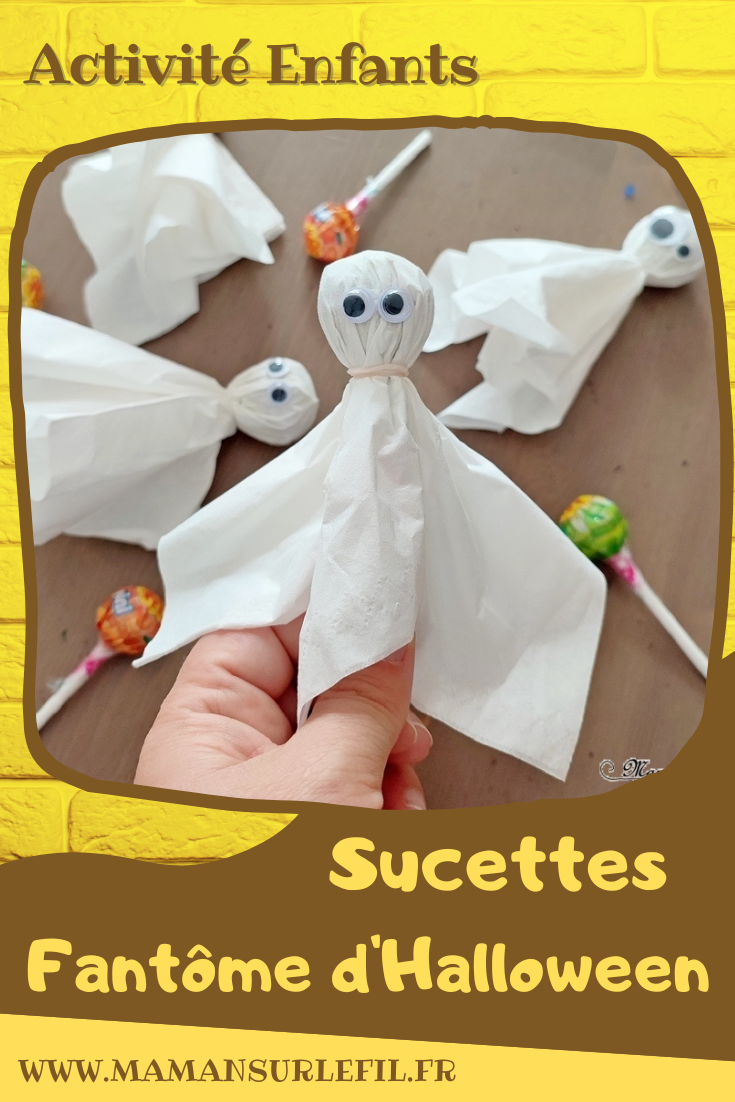 Activité créative et manuelle enfants - Nos sucettes Halloween - Fabriquer des araignées et des fantômes avec des sucettes - Bonbons, gourmandises pour chasses aux bonbons d'Halloween - Mouchoirs, yeux mobiles, fils chenille - Cadeaux pour anniversaire - Bricolage facile Halloween - Décoration - Récup' et recyclage - Animaux et créatures légendaires, monstres, insectes - Créativité - arts visuels et atelier maternelle et élémentaire - Cycle 1 ou 2 - mslf