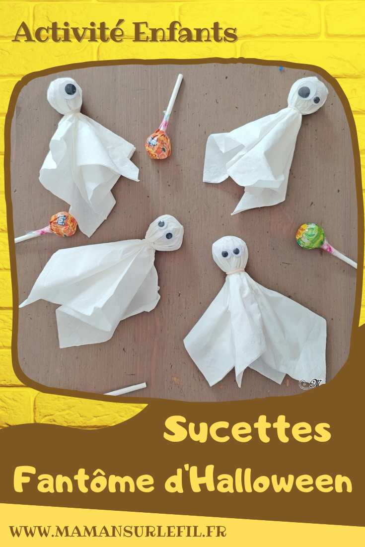 Activité créative et manuelle enfants - Nos sucettes Halloween - Fabriquer des araignées et des fantômes avec des sucettes - Bonbons, gourmandises pour chasses aux bonbons d'Halloween - Mouchoirs, yeux mobiles, fils chenille - Cadeaux pour anniversaire - Bricolage facile Halloween - Décoration - Récup' et recyclage - Animaux et créatures légendaires, monstres, insectes - Créativité - arts visuels et atelier maternelle et élémentaire - Cycle 1 ou 2 - mslf