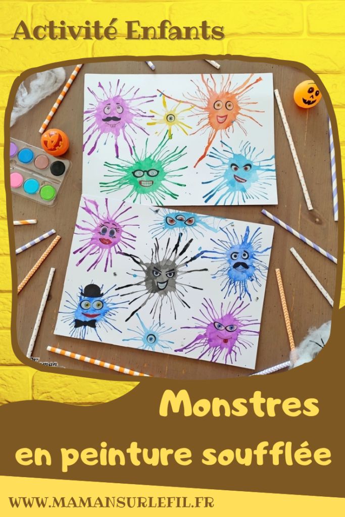 Activité créative et manuelle enfants - Petits monstres mignons et rigolos en peinture soufflée à la paille - Technique avec peinture ou encre - Travail du souffle - Gommettes visage - Peur et décoration pour Halloween - Créativité - arts visuels et atelier maternelle et élémentaire - Cycle 1, 2 ou 3 - mslf