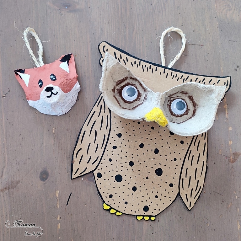 Activité créative et manuelle enfants - Fabriquer des animaux de la forêt en Récup', boite à oeufs et carton - Renard et Hiboux - Peinture, dessin et bricolage - Recyclage de carton - Suspension, décoration pour l'automne - Inspiration DIY - Animaux de la forêt - Bricolage facile pour l'automne - Décoration - Créativité - arts visuels et atelier maternelle et élémentaire - Cycle 1 ou 2 - mslf