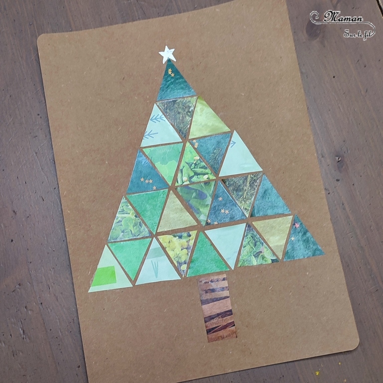 Activité créative et manuelle enfants - Fabriquer un sapin avec des triangles découpés dans des prospectus publicitaires - Récup' et Recyclage - Découpage collage Graphisme - Kraft - - Inspiration DIY - Végétaux et arbres - Noël et Hiver - Bricolage facile - Décoration - Créativité - arts visuels et atelier maternelle et élémentaire - Cycle 1 ou 2 - mslf