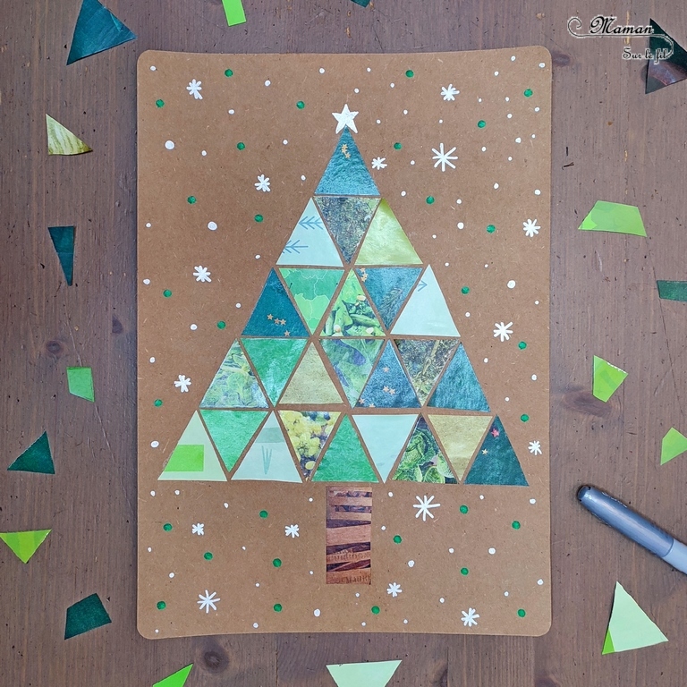 Activité créative et manuelle enfants - Fabriquer un sapin avec des triangles découpés dans des prospectus publicitaires - Récup' et Recyclage - Découpage collage Graphisme - Kraft - - Inspiration DIY - Végétaux et arbres - Noël et Hiver - Bricolage facile - Décoration - Créativité - arts visuels et atelier maternelle et élémentaire - Cycle 1 ou 2 - mslf