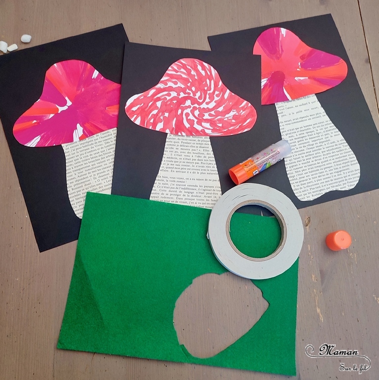 Activité créative et manuelle enfants - Champignons avec essoreuse à salade (encre et peinture) - Pied en pages de livre - Herbe en feutrine - Playmais flocons de mais - Découpage, collage, graphisme, points - Inspiration DIY - Bricolage facile pour l'automne - Décoration - Alimentation et forêt - Créativité - arts visuels et atelier maternelle et élémentaire - Cycle 1 ou 2 - mslf