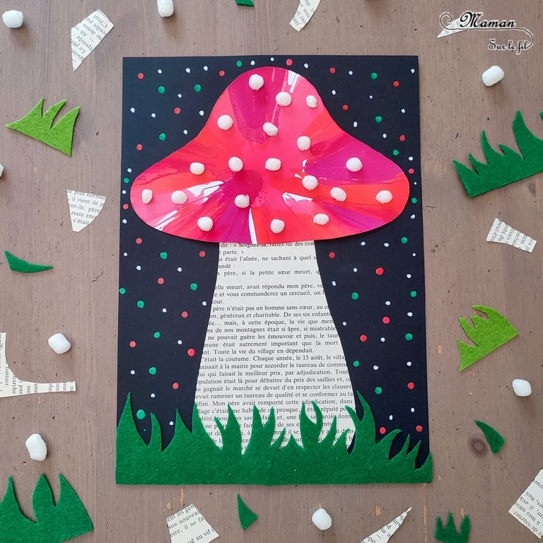 Activité créative et manuelle enfants - Champignons avec essoreuse à salade (encre et peinture) - Pied en pages de livre - Herbe en feutrine - Playmais flocons de mais - Découpage, collage, graphisme, points - Inspiration DIY - Bricolage facile pour l'automne - Décoration - Alimentation et forêt - Créativité - arts visuels et atelier maternelle et élémentaire - Cycle 1 ou 2 - mslf